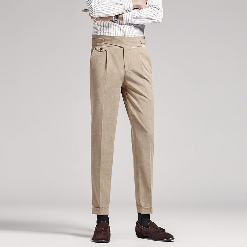 Naples Suit Pants Men's Cropped Pants Khaki Straight Draping Business Casual Pants High Waist Pants Slim-Fit Suit Pants