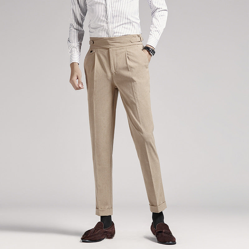 Naples Suit Pants Men's Cropped Pants Khaki Straight Draping Business Casual Pants High Waist Pants Slim-Fit Suit Pants